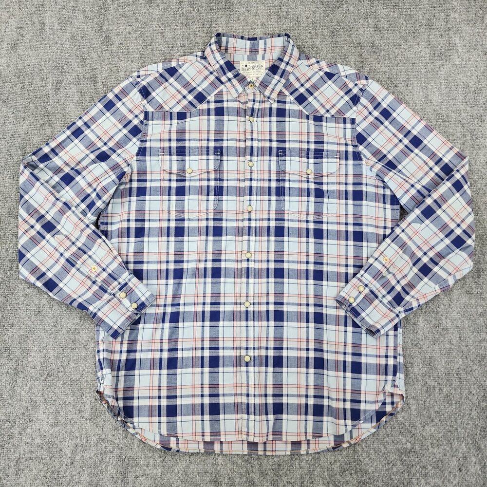 Lucky Brand Shirt Mens Large Plaid Western Pearl Snap Saturday Stretch LS Work